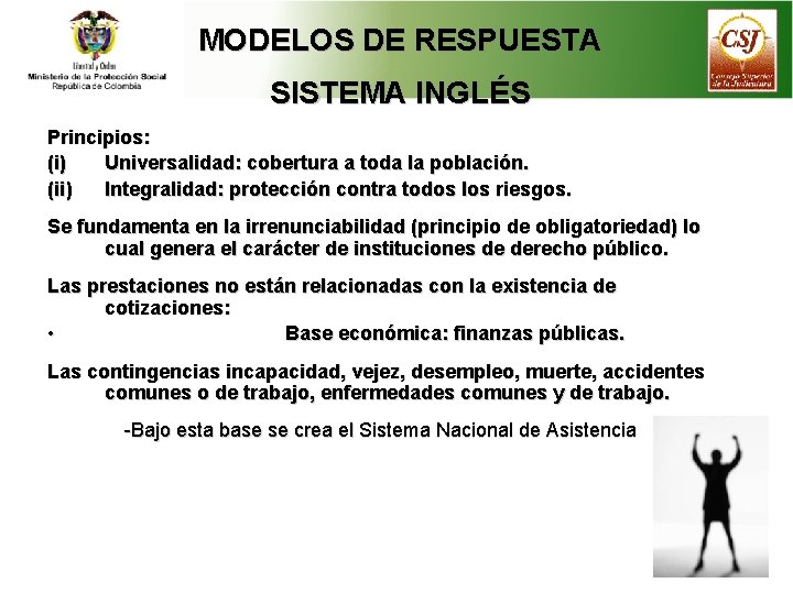 MODELOS DE RESPUESTA SISTEMA INGLÉS Principios: (i) Universalidad: cobertura a toda la población. (ii)