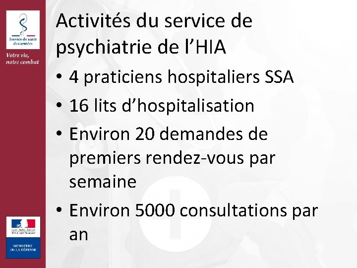 Activités du service de psychiatrie de l’HIA • 4 praticiens hospitaliers SSA • 16