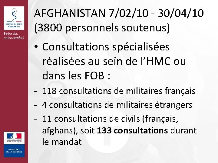 AFGHANISTAN 7/02/10 - 30/04/10 (3800 personnels soutenus) • Consultations spécialisées réalisées au sein de