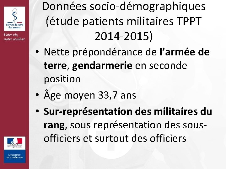 Données socio-démographiques (étude patients militaires TPPT 2014 -2015) • Nette prépondérance de l’armée de