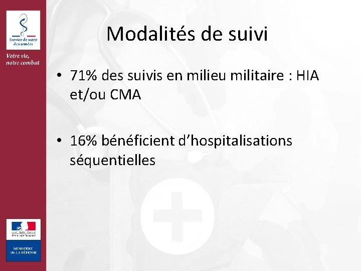  Modalités de suivi • 71% des suivis en milieu militaire : HIA et/ou