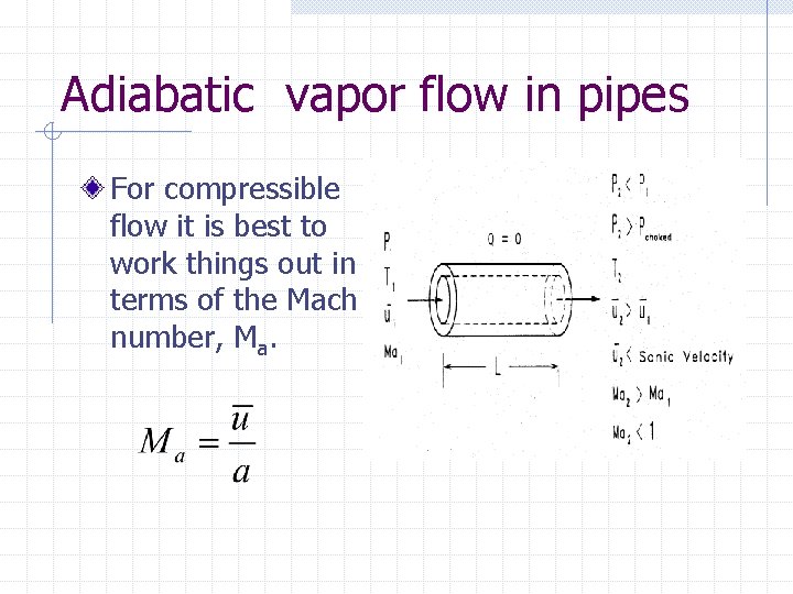 Adiabatic vapor flow in pipes For compressible flow it is best to work things