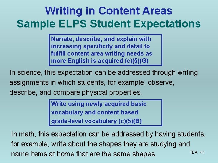 Writing in Content Areas Sample ELPS Student Expectations Narrate, describe, and explain with increasing