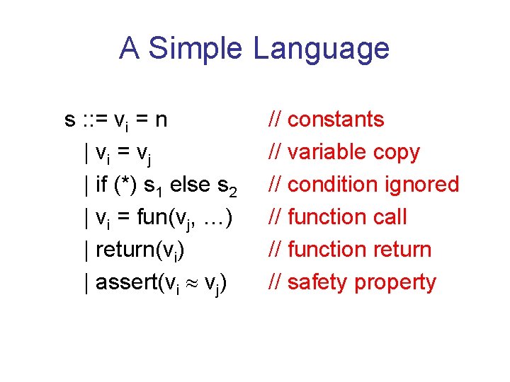 A Simple Language s : : = vi = n | vi = vj