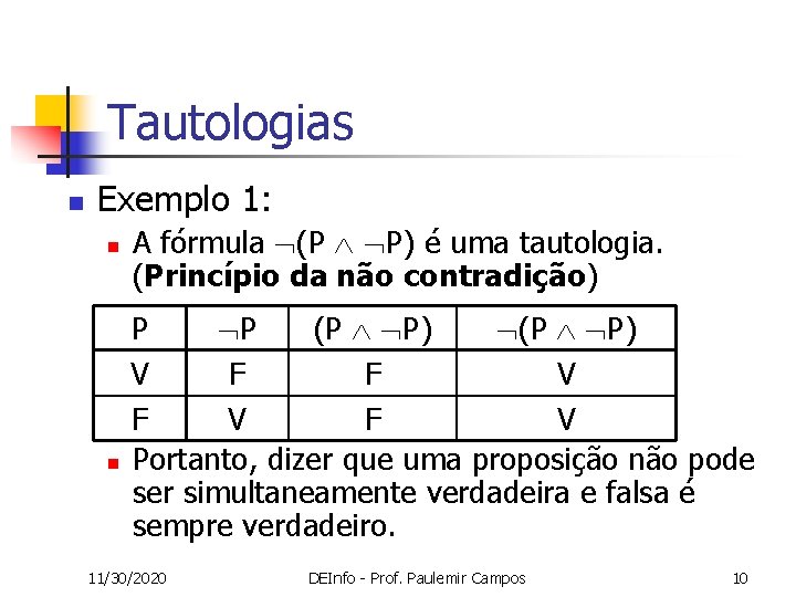 Tautologias n Exemplo 1: n n A fórmula (P P) é uma tautologia. (Princípio