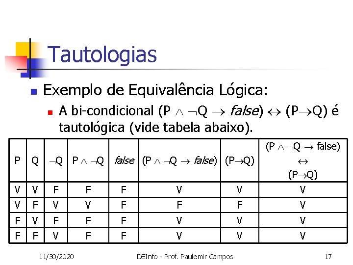 Tautologias n Exemplo de Equivalência Lógica: n A bi-condicional (P Q false) (P Q)