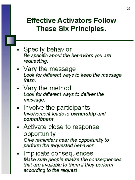 29 Effective Activators Follow These Six Principles. § Specify behavior Be specific about the