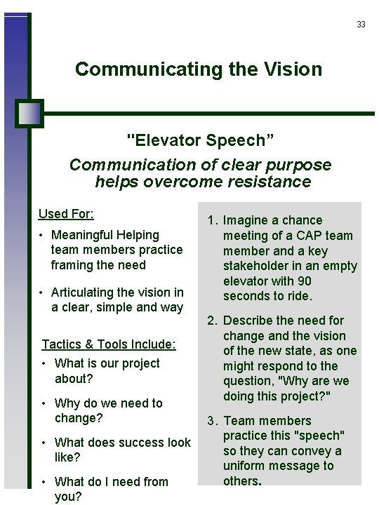 33 Communicating the Vision "Elevator Speech” Communication of clear purpose helps overcome resistance Used