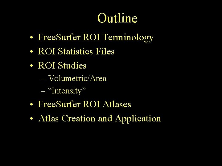 Outline • Free. Surfer ROI Terminology • ROI Statistics Files • ROI Studies –