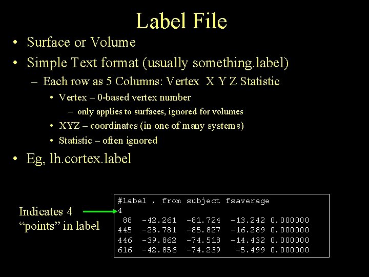 Label File • Surface or Volume • Simple Text format (usually something. label) –