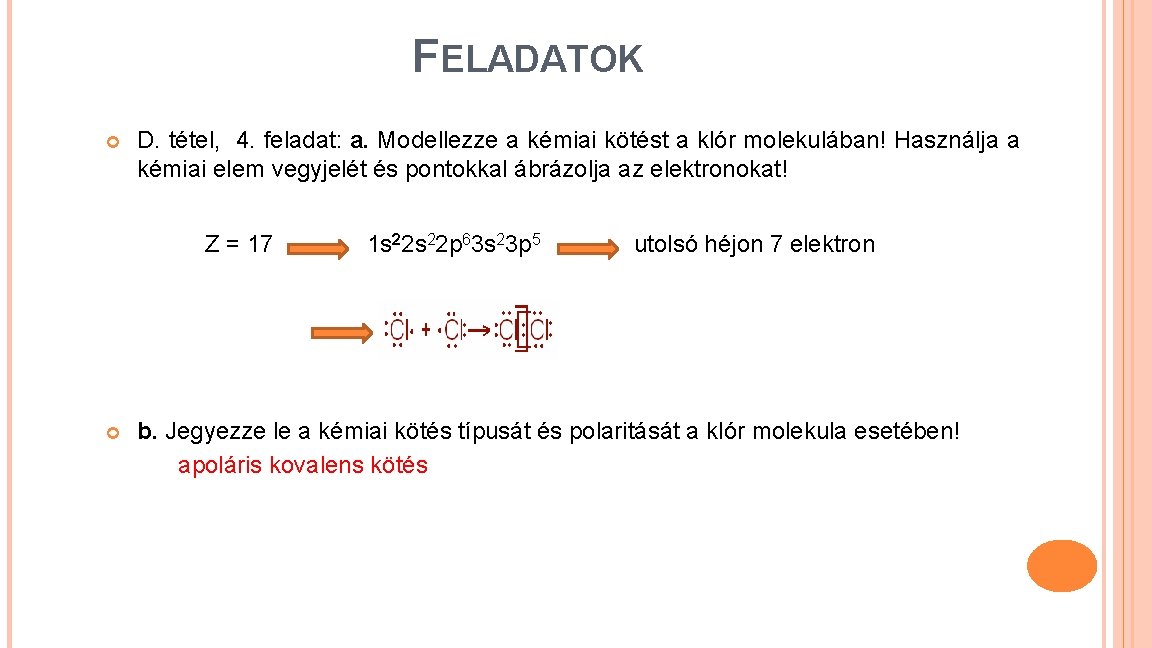 FELADATOK D. tétel, 4. feladat: a. Modellezze a kémiai kötést a klór molekulában! Használja