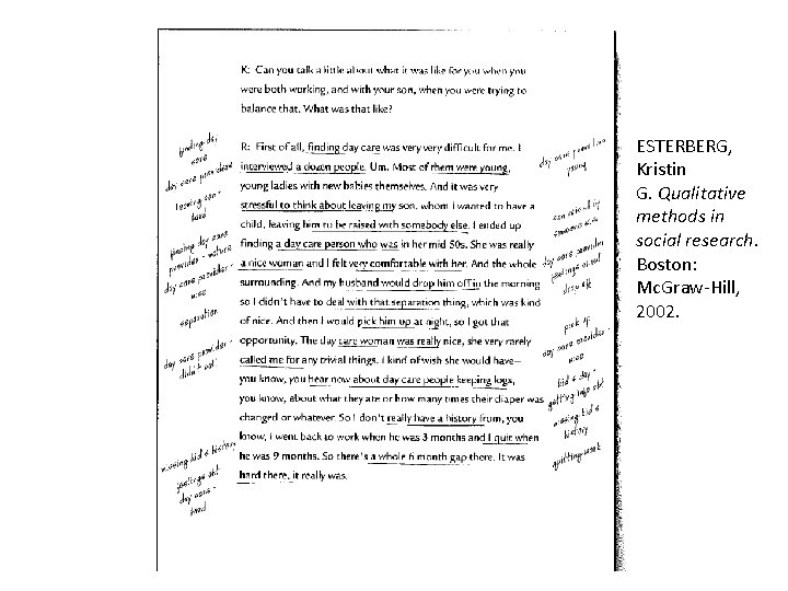 ESTERBERG, Kristin G. Qualitative methods in social research. Boston: Mc. Graw-Hill, 2002. 
