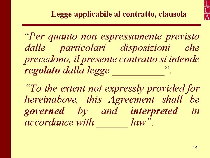 Legge applicabile al contratto, clausola “Per quanto non espressamente previsto dalle particolari disposizioni che