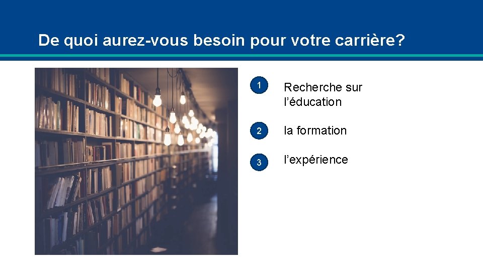 De quoi aurez-vous besoin pour votre carrière? 1 Recherche sur l’éducation 2 la formation