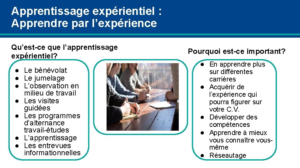 Apprentissage expérientiel : Apprendre par l’expérience Qu’est-ce que l’apprentissage expérientiel? ● Le bénévolat ●