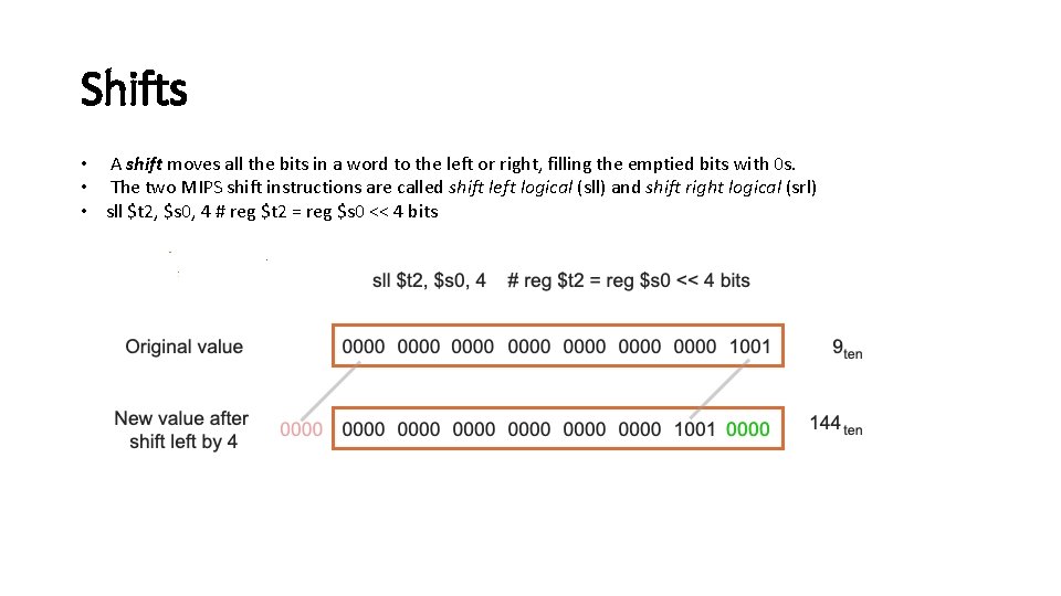 Shifts • A shift moves all the bits in a word to the left