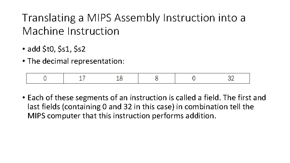 Translating a MIPS Assembly Instruction into a Machine Instruction • add $t 0, $s