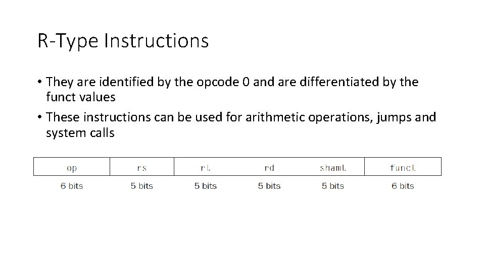 R-Type Instructions • They are identified by the opcode 0 and are differentiated by