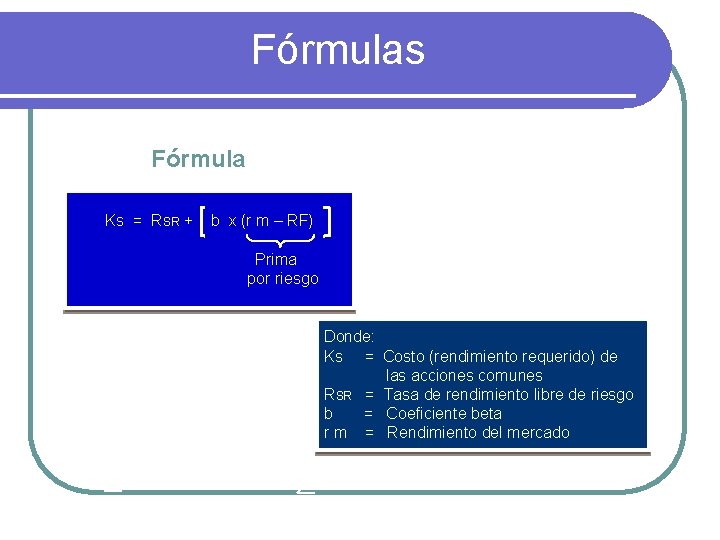 Fórmulas Fórmula Ks = RSR + b x (r m – RF) Prima por