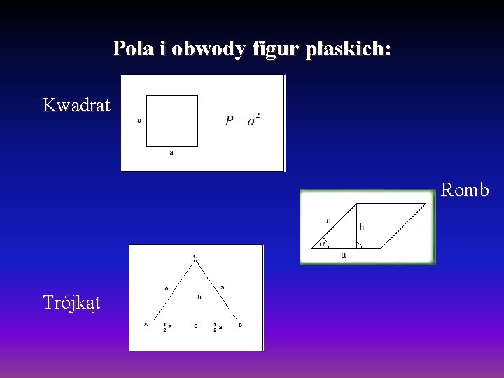 Pola i obwody figur płaskich: Kwadrat Romb Trójkąt 