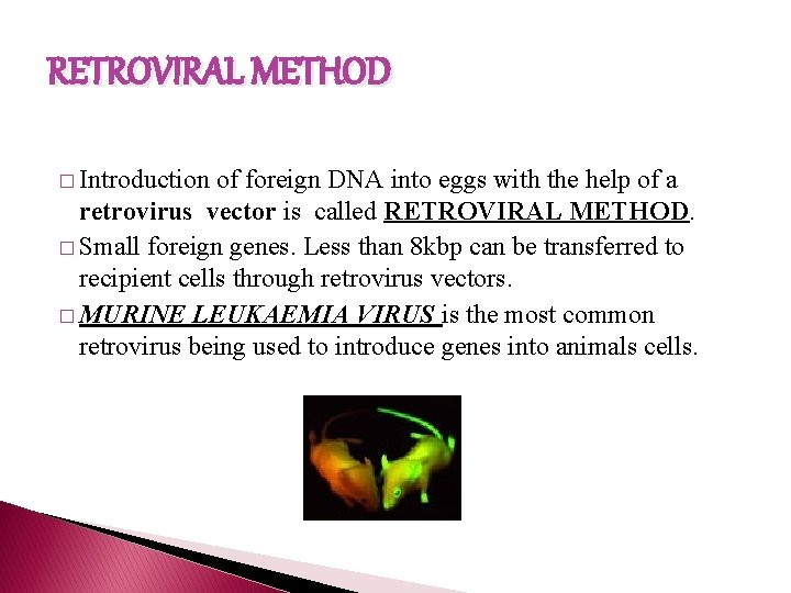 RETROVIRAL METHOD � Introduction of foreign DNA into eggs with the help of a