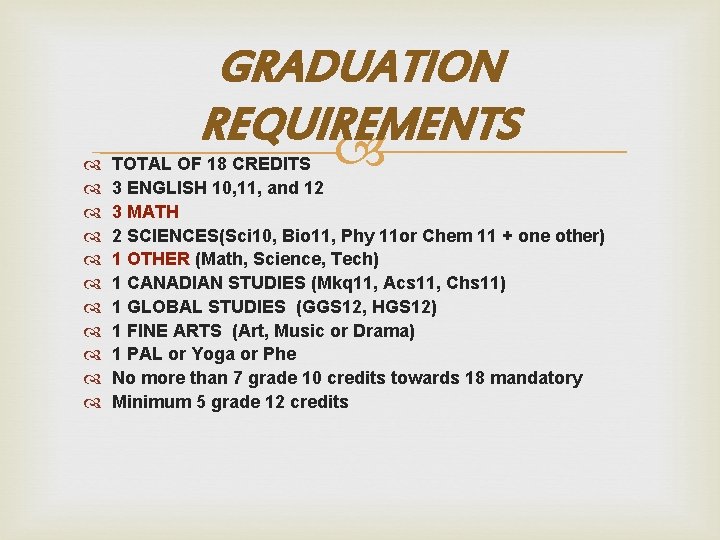  GRADUATION REQUIREMENTS TOTAL OF 18 CREDITS 3 ENGLISH 10, 11, and 12 3