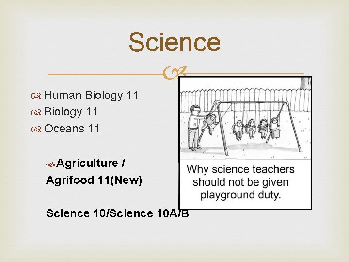 Science Human Biology 11 Oceans 11 Agriculture / Agrifood 11(New) Science 10/Science 10 A/B