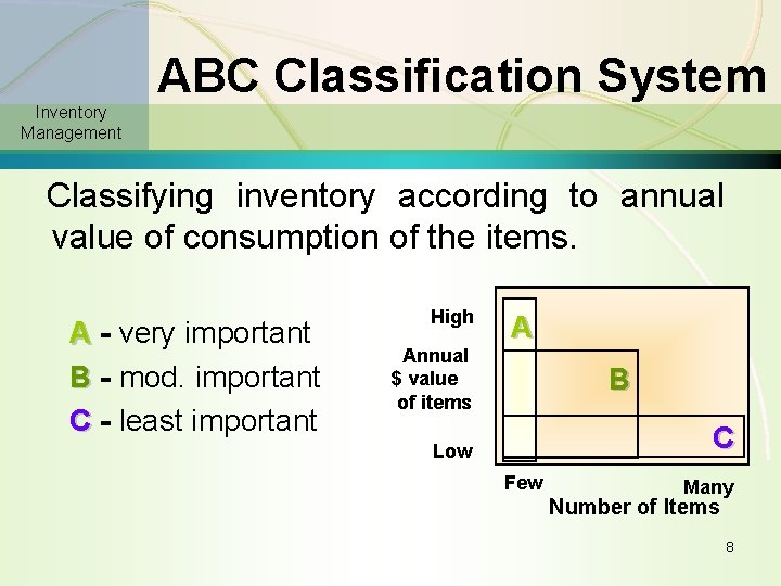 ABC Classification System Inventory Management Classifying inventory according to annual value of consumption of