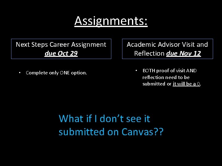 Assignments: Next Steps Career Assignment due Oct 29 • Complete only ONE option. Academic Assignments: Next Steps Career Assignment due Oct 29 • Complete only ONE option. Academic