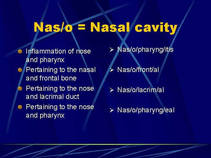 Nas/o = Nasal cavity Inflammation of nose and pharynx Pertaining to the nasal and