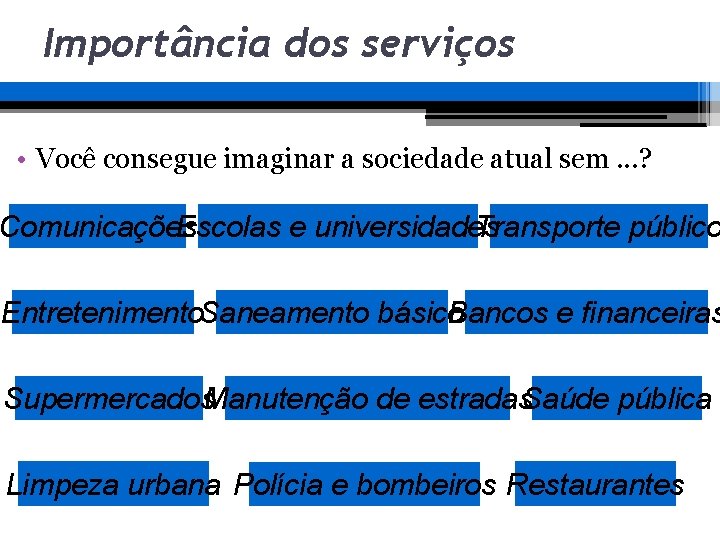 Importância dos serviços • Você consegue imaginar a sociedade atual sem. . . ? Importância dos serviços • Você consegue imaginar a sociedade atual sem. . . ?