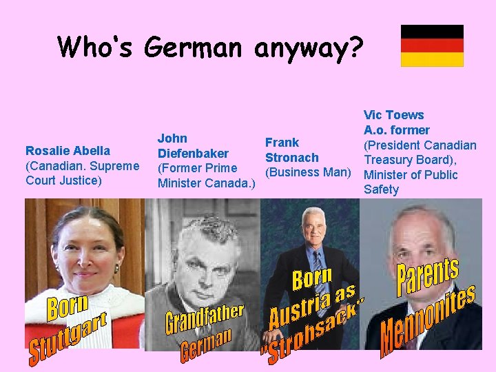 Who‘s German anyway? Rosalie Abella (Canadian. Supreme Court Justice) Vic Toews A. o. former