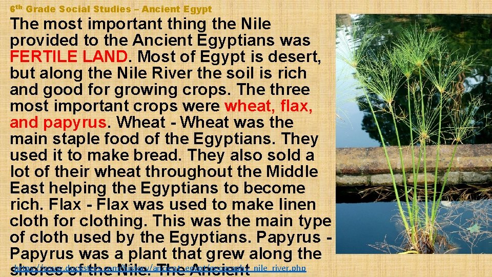 6 th Grade Social Studies – Ancient Egypt The most important thing the Nile