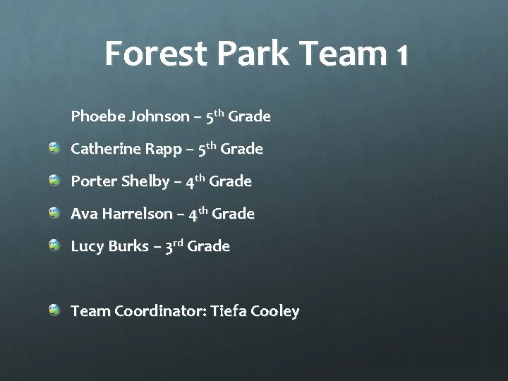 Forest Park Team 1 Phoebe Johnson – 5 th Grade Catherine Rapp – 5