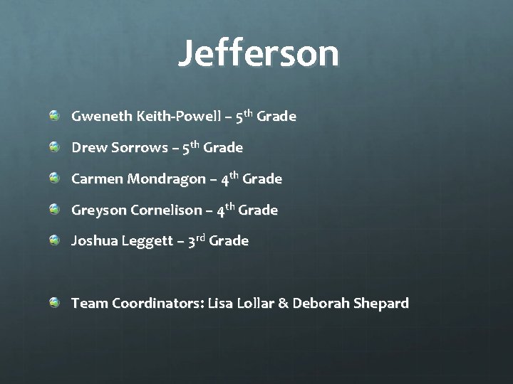 Jefferson Gweneth Keith-Powell – 5 th Grade Drew Sorrows – 5 th Grade Carmen