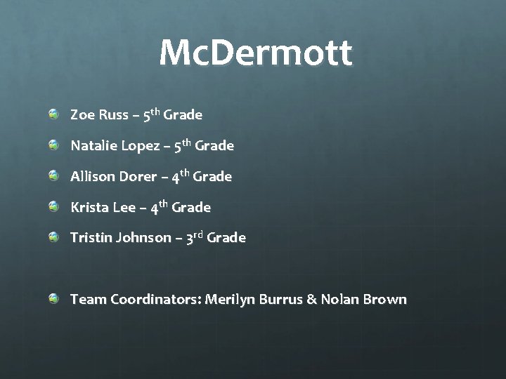 Mc. Dermott Zoe Russ – 5 th Grade Natalie Lopez – 5 th Grade