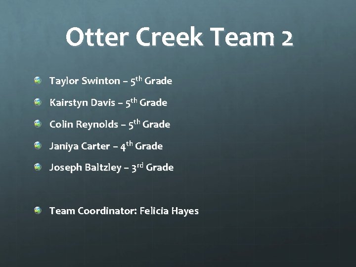 Otter Creek Team 2 Taylor Swinton – 5 th Grade Kairstyn Davis – 5