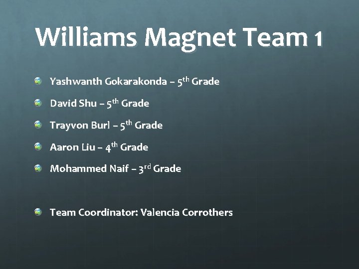 Williams Magnet Team 1 Yashwanth Gokarakonda – 5 th Grade David Shu – 5