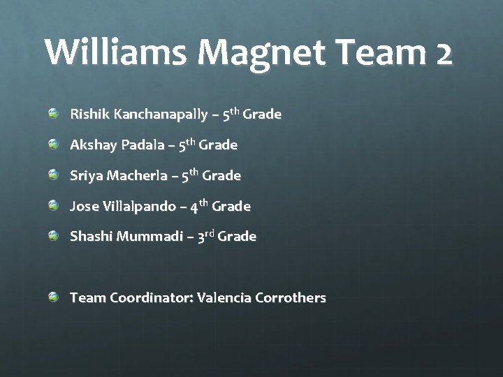 Williams Magnet Team 2 Rishik Kanchanapally – 5 th Grade Akshay Padala – 5