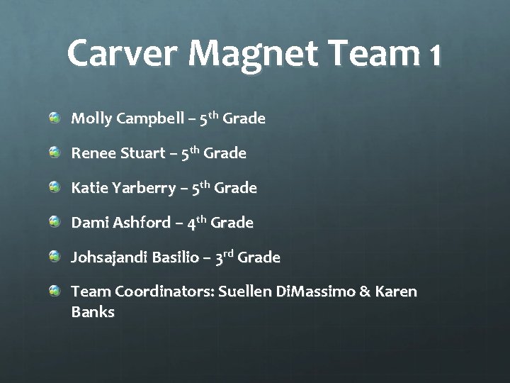 Carver Magnet Team 1 Molly Campbell – 5 th Grade Renee Stuart – 5