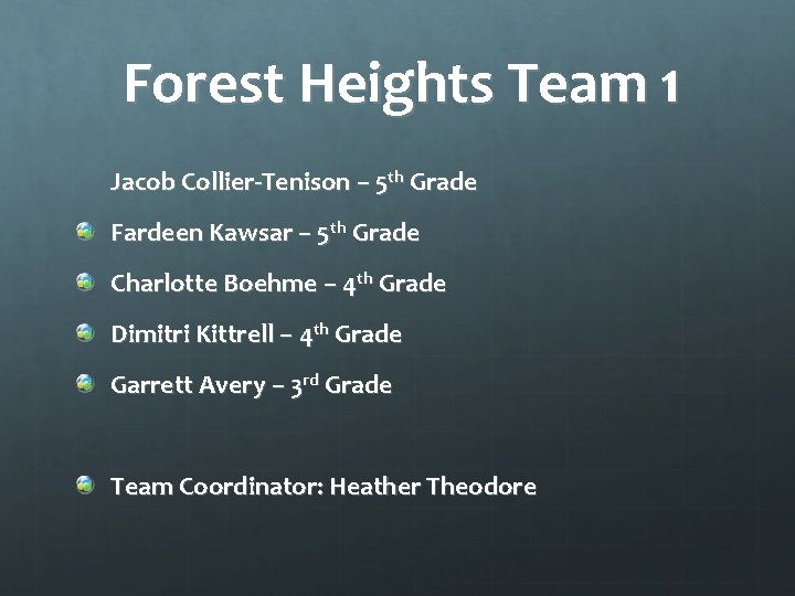 Forest Heights Team 1 Jacob Collier-Tenison – 5 th Grade Fardeen Kawsar – 5