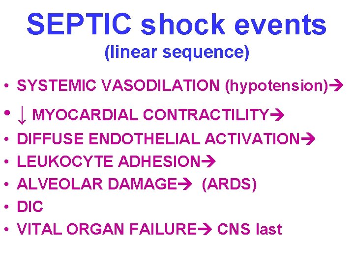 SEPTIC shock events (linear sequence) • SYSTEMIC VASODILATION (hypotension) • ↓ MYOCARDIAL CONTRACTILITY •