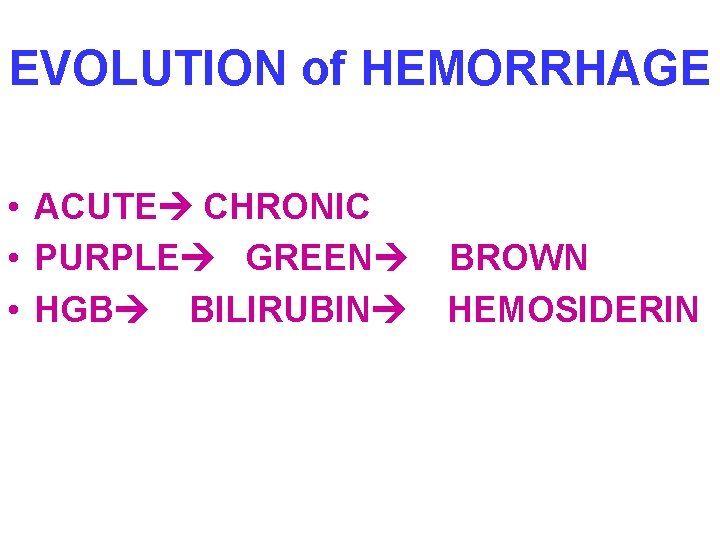 EVOLUTION of HEMORRHAGE • ACUTE CHRONIC • PURPLE GREEN • HGB BILIRUBIN BROWN HEMOSIDERIN