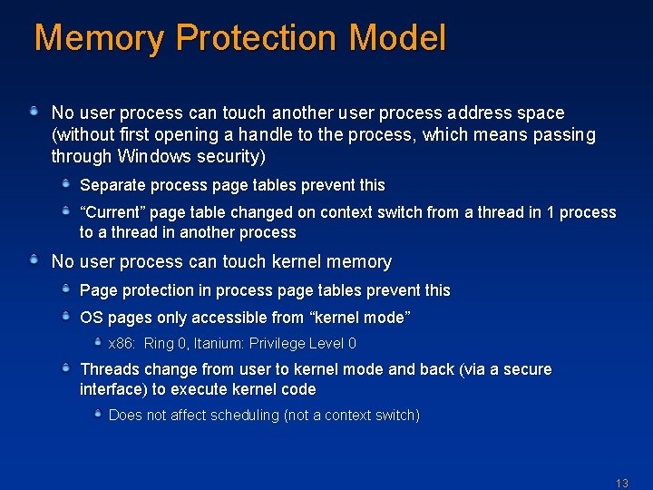 Memory Protection Model No user process can touch another user process address space (without