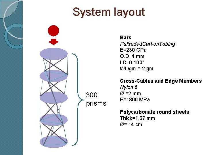 System layout Bars Pultruded. Carbon. Tubing E=230 GPa O. D. 4 mm I. D.