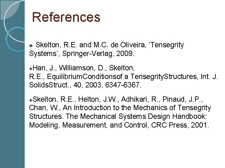 References v Skelton, R. E. and M. C. de Oliveira, ’Tensegrity Systems’, Springer-Verlag, 2009.