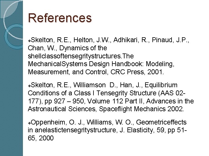 References Skelton, R. E. , Helton, J. W. , Adhikari, R. , Pinaud, J.