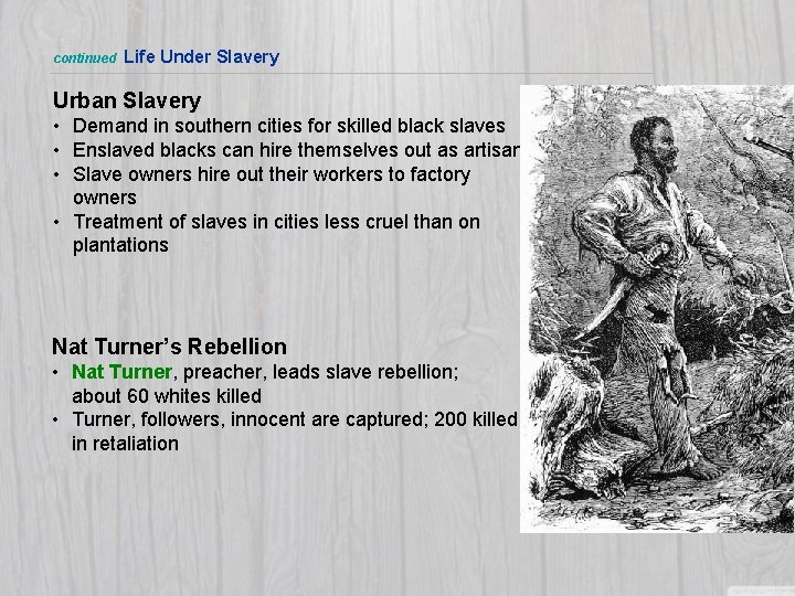 continued Life Under Slavery Urban Slavery • Demand in southern cities for skilled black