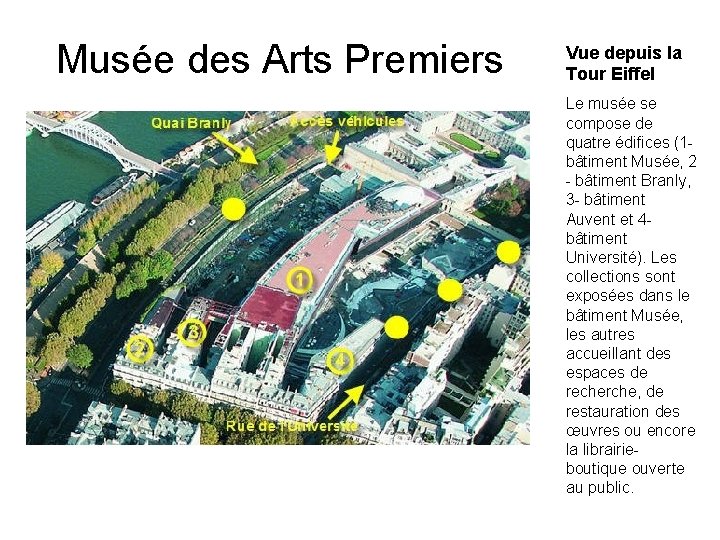 Musée des Arts Premiers Vue depuis la Tour Eiffel Le musée se compose de