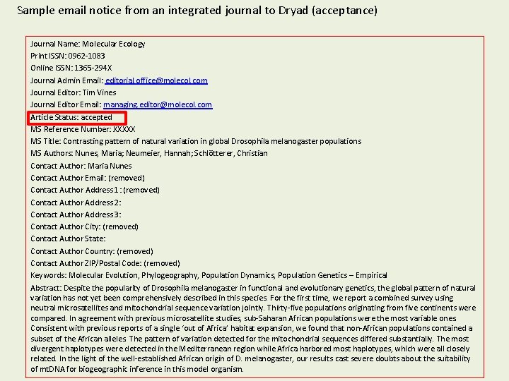 Sample email notice from an integrated journal to Dryad (acceptance) Journal Name: Molecular Ecology